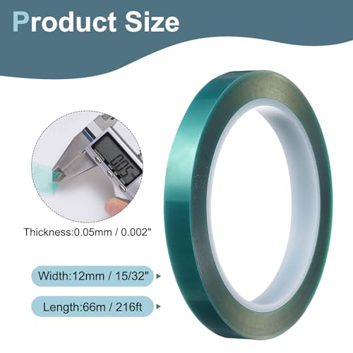 Image of HARFINGTON 3 Rolls High Temperature Masking Tape 15 /32 inch x216ft(12mmx66m) 0.05mm Thick PET Film Silicone Adhesive Heat Resistant Tapes for Heat Press Anodizing Circuit Board, Green