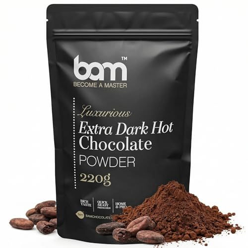 BAM Chocolate Negro a la Taza, 220 g – Chocolate Caliente en Polvo – Preparado para Bebida Suave y Cremosa con Cuchara Medidora