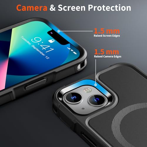 SUPFINE Magnetic for iPhone 13 Case [Compatible with MagSafe][10 FT Military Grade Drop Protection] [2+Tempered Glass Screen Protector] Non-Slip Heavy Duty Full-Body Shockproof Phone Case,Black