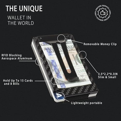 Image of Minimalist Wallet for Men, Slim Metal RFID Blocking Wallet Credit Card Holder Money Clip & Cash Strap, Scratch-Resistant Holds 15 Cards,Ideal Gift for Men | Carbon Fiber