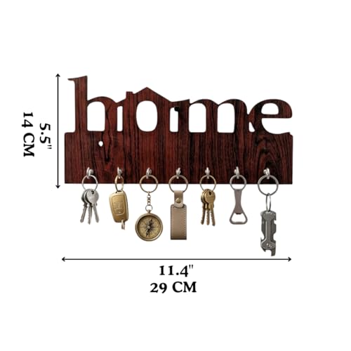 Image of Wooden Home Deign Key Holder for Wall | 7 Hooks Wall Mounted Key Hanger for Home Entrance | Decorative Wooden Key Stand for Living Room & Office | Key Organizer Rack for Wall Decor Brown