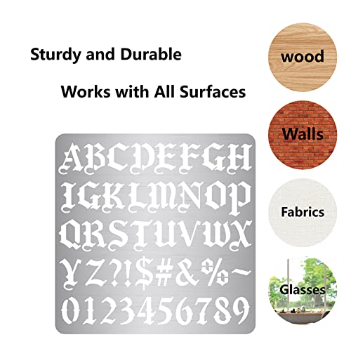 GORGECRAFT Metal Gothic Font Lettering Stencil Stainless Steel Old English Font Ancient Alphabet Number Template Runes Punctuation Stencils for Painting Wood Burning Pyrography, 16x16cm