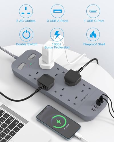 3M Extension Lead with 4 USB Slots, HANYCONY 8 Way Outlets Power Strip with 1800J Surge Protection, Double Switch Plug Extension with 10FT Braided Extension Cable for Home Office Accessories, Gray - Image 2