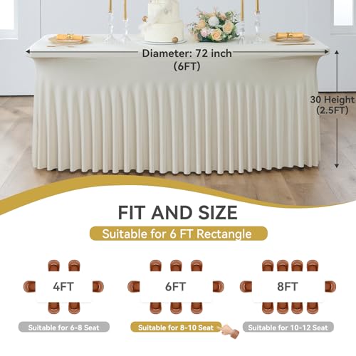 Image of Outpain Beige Spandex Table Clothes for 6 Foot Rectangle Tables-2Pack 6FT Spandex Fitted Table Cover, Wrinkle Free Tablecloths with Skirt for Parties, Wedding, Birthday, Banquet, Festival