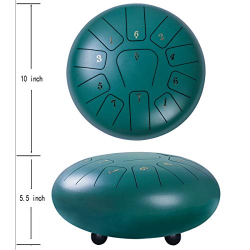 Steel Panda Drum Tank Drum Standard 11 Key 11 Notes 10 Inch Percussion Instrument with Drum Mallets and Carry Bag (10 inch, Dark Green)