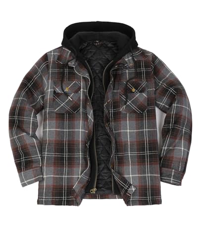Image of ZENTHACE Men's Quilted Lined Hooded Plaid Jacket,Zipper & Snap Closure