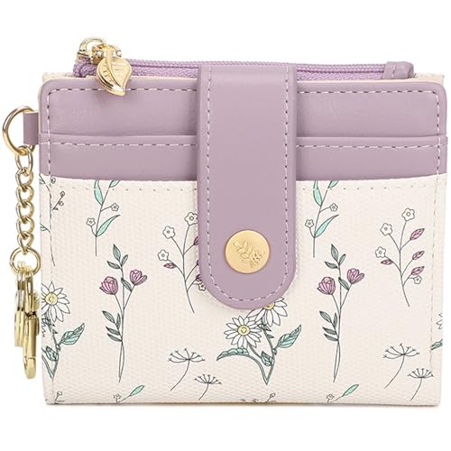 Image of Farcauo Small Floral Womens Wallet with keychain Cute Wallets for Women Thin Purple Women's Wallet Kawaii Floral and Bow Card Purse for Ladies