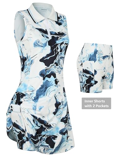 FREEYE Golf Dresses for Women Tennis Dress with Shorts Pickleball Outfits Workout Dresses Polo Dresses Blue Black Ripples XL — view 4