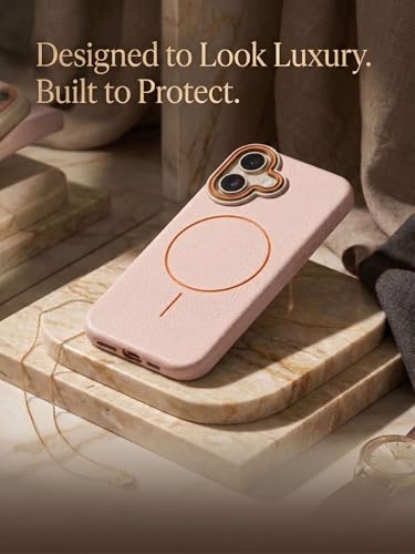 Image of amazon basics Luxury MagSafe Compatible Leather Texture Back Cover for iPhone 17 | Raised Camera Protection | Slim Fit Shockproof Case with Metallic Accents (Pink)