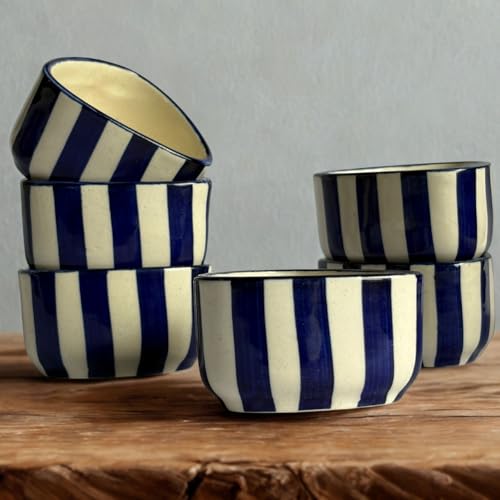 Image of Handcrafted Blue Striped Ceramic Dip Bowls Set of 6 | Elegant Snack & Sauce Bowls | Microwave Safe, 50 ml Each