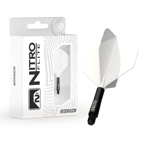 RED DRAGON Fléchettes – Système intégré de volants et de tiges Nitro Flite – Forme et design n°2 – Couleur blanche et noire, longueur intermédiaire