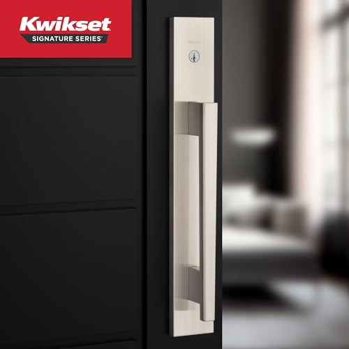Image of Kwikset Caerus Front Door Lock Handle and Deadbolt Set, Entry Handleset Exterior with Interior Lever, Satin Nickel, SmartKey Re-Key Security, with KwikSlide, Door Handle Backplate Full Escutcheon