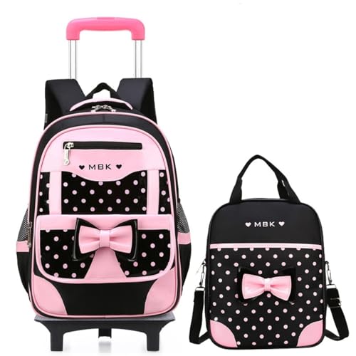 Girls Rolling Backpack Set Cute Bowknot Kids Schoolbag with Wheels Trolly BookBag for School-2 Wheels