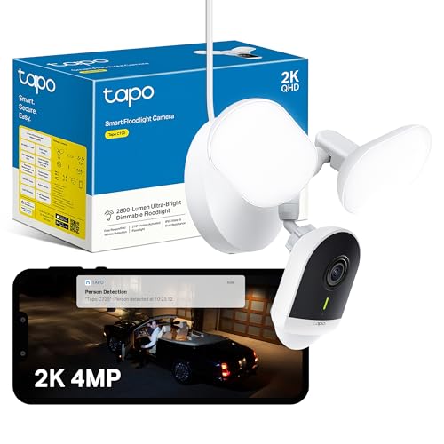 Tapo C720 Floodlight Outdoor Security Camera 2800-Lumen Ultra-Bright 2K QHD 4MP 270 Detection Zone Wi Fi Camera No Monthly Fee Smart AI Customizable Alarm IP65 Work with Google & Alexa