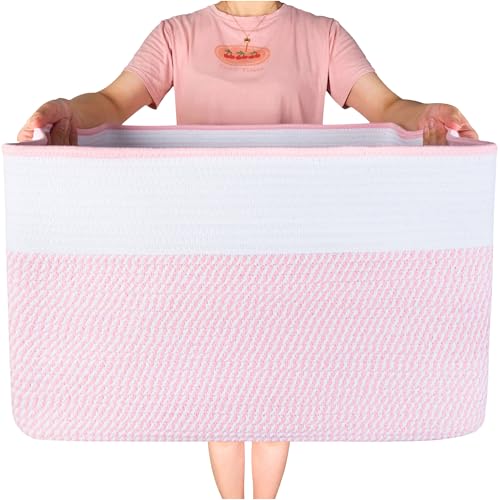 MINTWOOD Design 22in Extra Large Blanket Basket Holder Living Room, Rectangle Rope Woven Storage Basket with Handles for Laundry, Pool Towels, and Shoes, Dog Toy Organizer Bin Box, Light Pink