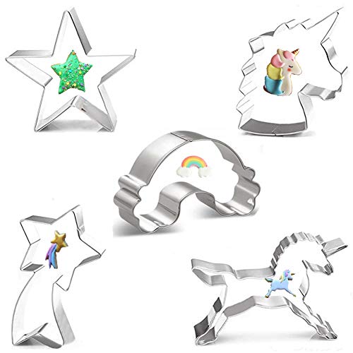 BUSOHA Unicorn Cookie Cutter Set 5pcs - Unicorn, Unicorn Head, Rainbow, Shooting Star and Star, Large Stainless Steel Fondant Molds for Kid's Kitchen Biscuit Baking Tools Holiday Party Supplies