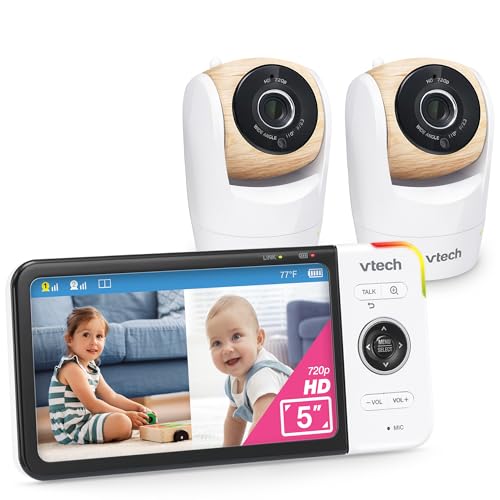 Image of VTech VM928-2HD 5” 720p HD Display 2 Cameras Baby Monitor,110 Wide Angle View,Remote Pan-Tilt-Zoom,Night Vision,Up to 1000ft Range,Temperature Sensor,9 Soothing Sounds & Lullabies,2-Way Talk,No WiFi