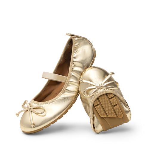 DREAM PAIRS Mädchen Ballerinas Weiße Kommunionsschuhe Festliche Prinzessinnen Flache Schuhe Mary Jane Schuhe Mit Schleife Leichtes Anziehen Faltbar Waschbar,Size 32,Gold,KKUMFA2502