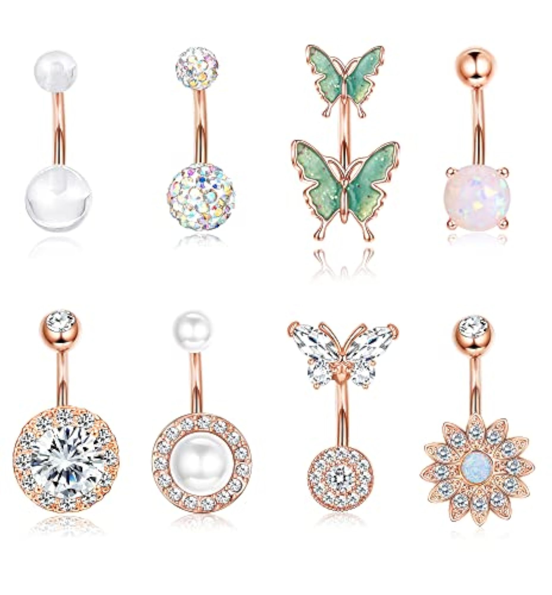 8pcs Surgical Steel Belly Button Rings with Opal and CZ