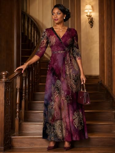 Image of PinkPatty Plus Size Maxi Dresses for Women Casual Flowy Long Dress 3 /4 Sleeve V Neck Wrap Dress with Belt