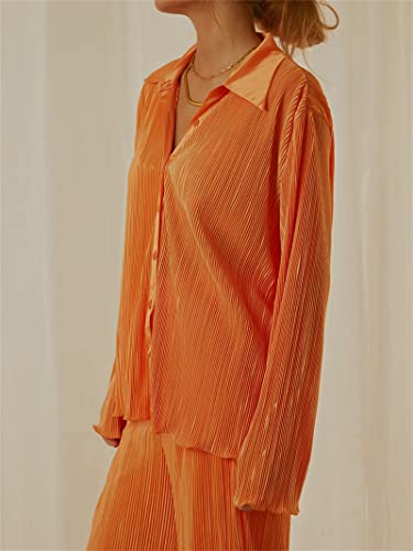 Miqil Women Pleated 2 Piece Pants Outfits Casual Loose Long Sleeve Button Blouse Top High Waist Palazzo Pants Set Loungewear #TOP4