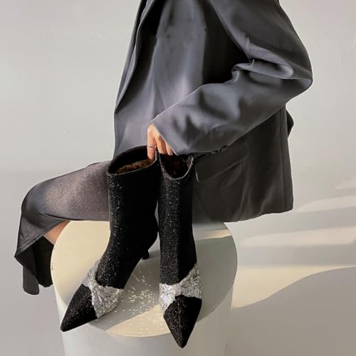 Women's Pointed Toe Kitten Low Heels Ankle Boots Glitter Sequins Pull On Elegant Bowtie Dressy Short Booties3