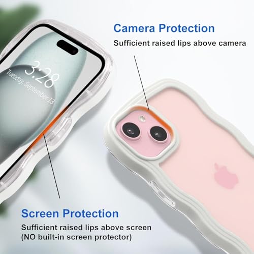 Image of GoldKart iPhone 15 Plus Case Wavy Edge Clear Back Design, Anti-Slip Grip Cute Wave Curly Frame Shape Shockproof Soft TPU & Hard PC Bumper Protective Phone Case Cover for Women Girls - White
