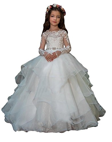HEVECI Organza Flower Girls Dresses Long Sleeves Princess Puffy Ball Gowns First Communion Dress 7-16