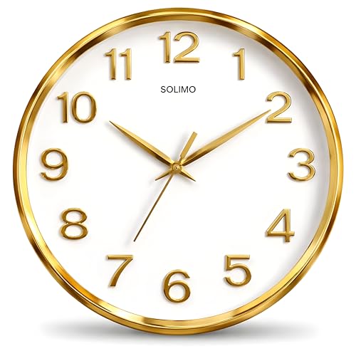 Image of Amazon Brand - Solimo 12 Inches Silent Wall Clock for Living Room Bedroom Office Plastic Easy to Read 3D Numbers Modern Stylish Sweep Movement Wall Clock for Home 1603DX (Golden)