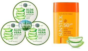Nature Republic Aloe Vera Gel 92 Percent 3pc x Sun Stick Set - New Soothing Moisture Korean Cosmetics