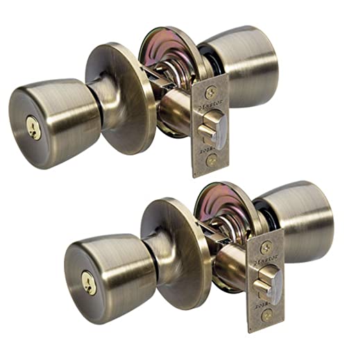 Master Lock TUO0105T Tulip Door Knob with Lock, Antique Brass, Pack of 2