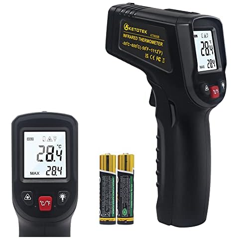 KETOTEK Infrared Thermometer IR Non Contact, Digital Laser Temperature Gun -50℃~600℃ (-58℉~1112℉) Adjustable Emissivity Thermometer Gun for Cooking Pizza Oven BBQ Freezer Fridge Cover