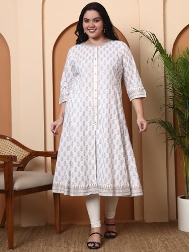 Image of Yash Gallery Women's Cotton Relaxed Fit Anarkali Plus Size Gold Printed Kurta