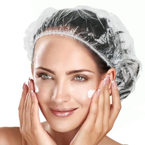 100pk Disposable Shower Caps LARGE SIZE 50cm/20in Unisex Plastic Hair Caps for Deep Conditioning Shower Cap Reusable Waterproof for Women Men Thin Design
