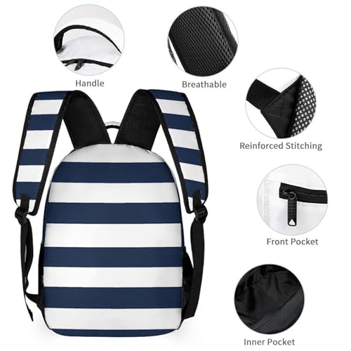 Navy Blue And White Stripe Funny Backpack Sets Lightweight 3Pcs Daypack Set with Lunch Box And Pencil Case for Women Men3