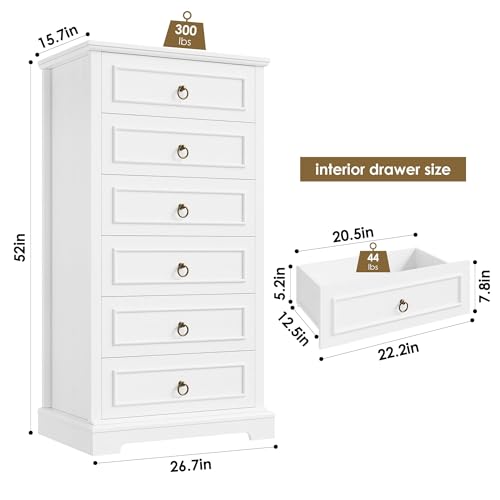 HOSTACK-6-Drawer-White-Dresser-52-Tall-Dresser-Vertical-Dresser-Modern-Farmhouse-Chest-of-Drawers-Wood-Closet-Dresser-Storage-Dresser-Chest-for-Living-Room-Hallway-Entryway HOSTACK 6 Drawer White Dresser 52 Tall Dresser Vertical Dresser Modern Farmhouse Chest of Drawers Wood Closet Dresser Storage Dresser Chest for Living Room Hallway Entryway