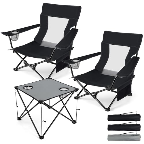 Image of HaSteeL Folding Beach Chair Set of 3, Foldable Black Camping Chairs & Grey Table for Outside, Low Beach Chair Portable for Adults Fishing, Picnic, Outdoor BBQ, Cup Holder & Storage Bag