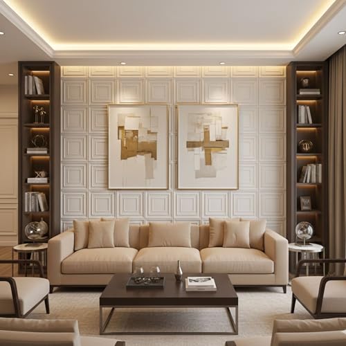 Image of Kayra Decor 3D PVC Wall Panels for Bedroom & Living Room | Frame Design | White Color | 19.7 x 19.7 Inch | Pack of 18 | 48.42 Sq Ft