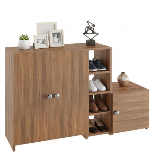 Image of FURNEASER Fusia Shoe Rack Cabinet Wooden | Shoe Storage Organizer with Doors | Shoe Stand for Home Entryway | Footwear Rack Cupboard | Space Saving Shoe Cabinet (Exotic Teak)