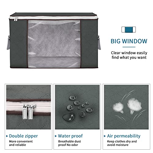 Budding Joy 4 Pack 90L Storage Bags, Large clothes storage bags with Zips Durable Handles Thick Fabric for Clothes, Bedding, Blankets, Comforters and Toys (Gray)