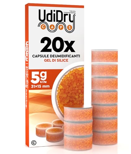 20 Capsule Essiccanti Deumidificanti per Apparecchi Acustici UdiDry Caps 5g 31mm con Indicatore di Colore - Gel di Silice di Alta Qualità per Contenitori di Asciugatura