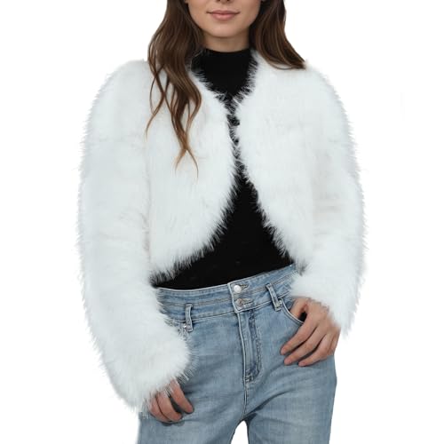 Jywmsc Damen Kunstfellmantel Kurze Jacke Winter Kurzer Flauschiger Mantel Modischer offener Cardigan mit Langen Ärmeln Vorne