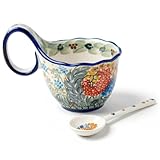 Soup Cups with Handles, Soup Bowl with Handle 15oz Floral Ceramic Cups with Spoon Elegant Polish Pottery Style Cereal Bowl for Ice Cream, Snack, Stew, Breakfast