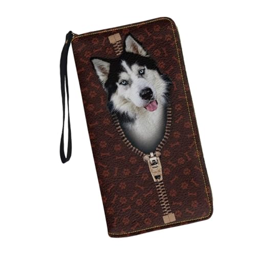 Long Wallet for Women Zipper Husky Dog Paw Print Large Capacity Travel Shopping Money Wallet with Wristlet Strap Card Holder Organizer Metal Zipper Long Purse for Cash,Coin,Bill