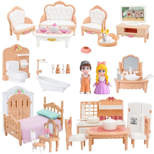 Princess Dollhouse Furniture Set 48 Piece Luxury Miniature Accessories Collection with Living Room Bathroom BedroomKitchen TV Entertainment Set (Beige)