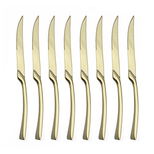 BRIIEC Mirror Polishing Champagne Gold 8 Pieces 18/10 Stainless Steel Serrated Steak Knife Silverware Set