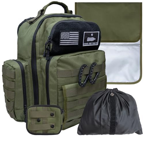 Image of Green Dad Diaper Bag - Molle-Style Military Diaper Backpack Made of Rugged 900D Waterproof Polyester with Wider Extra-Long Straps, Dirty Diapers Pouch, Baby Wipes Dispenser & Insulated Bottle Pockets