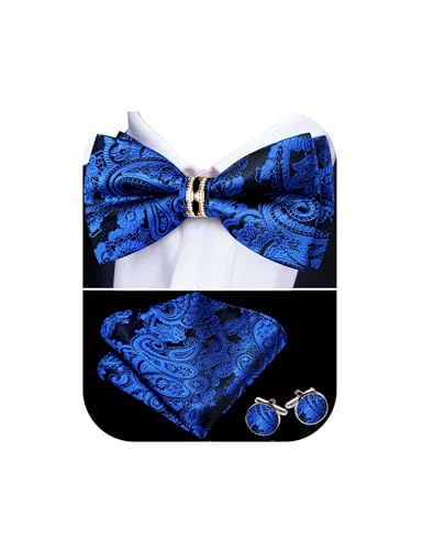Image of YOHOWA Mens Bow Tie Set Paisley Pre-tied Bowties Adjustable with Handkerchief Cufflinks Gold Ring Set Wedding Prom Party