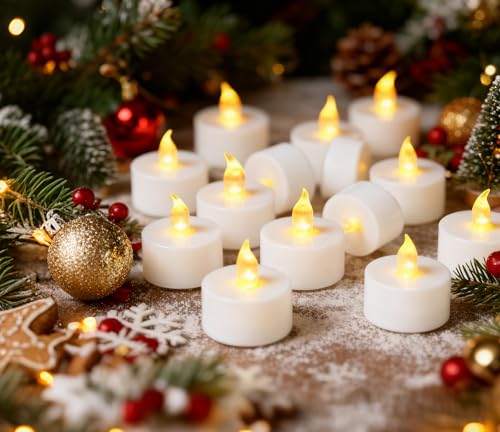 Image of YIWER Tea Lights LED Tea Light Candles 200 Hours Pack of 50 Realistic Flickering Bulb Battery Operated Tea Lights for Seasonal Festival Celebration Electric Fake Candle in Warm Yellow