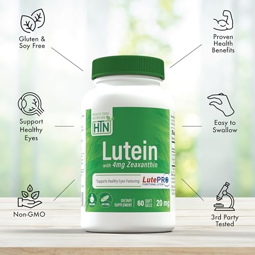 Image of Lutein 20mg with Zeaxanthin 4mg 60 Softgels | Trans-Isomer Marigold Extract in Nature Identical 5:1 Ratio | Supports Healthy Eye, Skin and Brain | Non-GMO Soy & Gluten Free | by Health Thru Nutrition